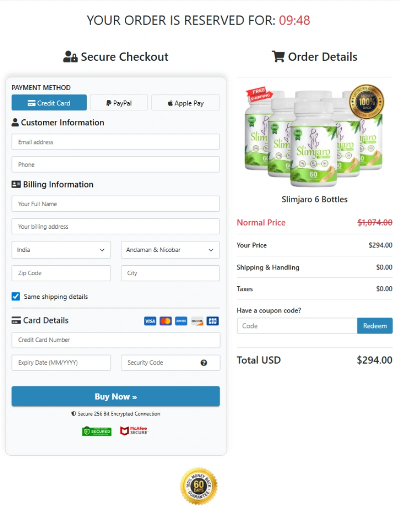 SlimJaro secure checkout page